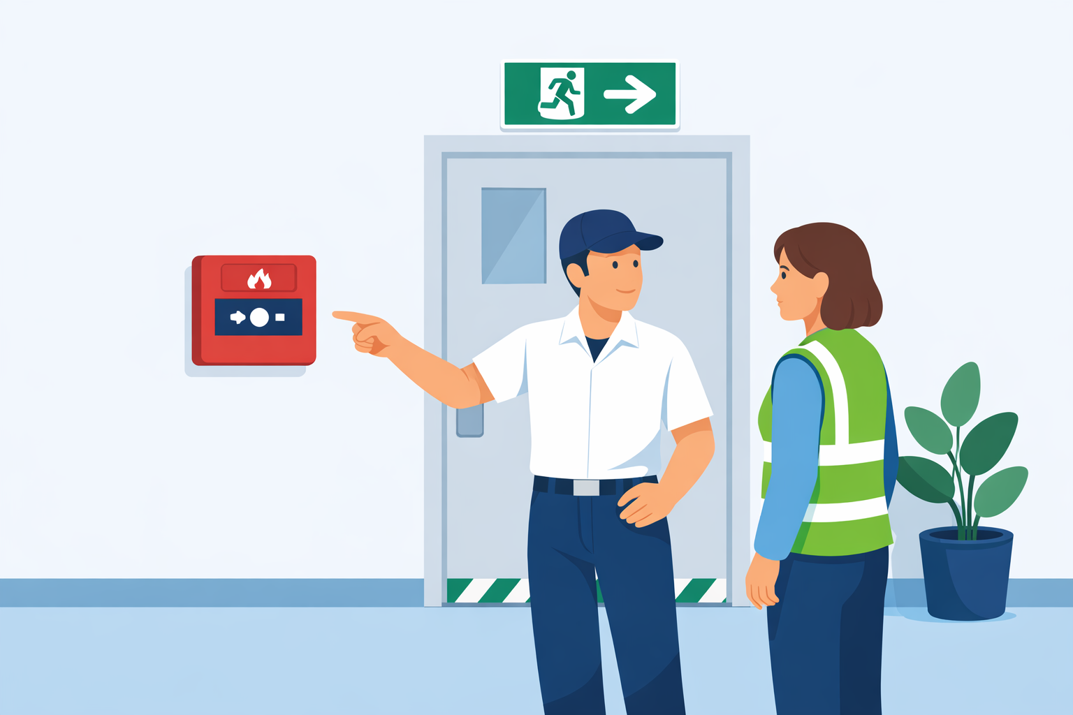 Buton manual de alarmare, montat lângă o ieșire și complet accesibil.